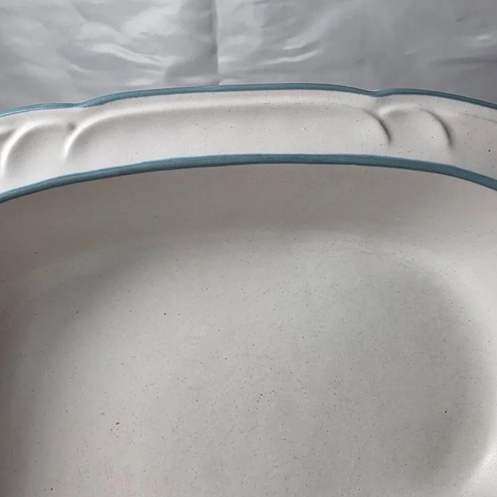 Country Ware Ashberry 10 Inch Oval Serving Bowl White with Blue Scalloped Edge
